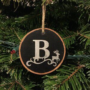 Letter B Wood Slice Christmas Ornament - Black & Silver